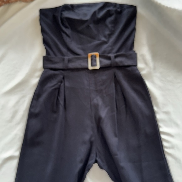 Monteau Black Strapless Jumpsuit Belted Linen Blend Wide-Leg Palazzo Style Sz M - Picture 8 of 13